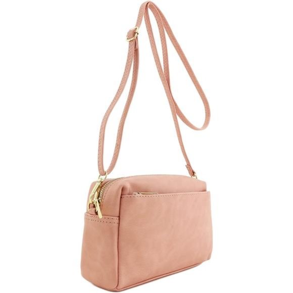 Cute Pink Womens Vegan Leather Triple Zip Small Crossbody Bag - Picture 2 of 6